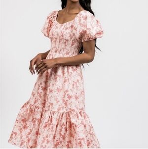 Rachel Parcel Floral Pink Puff Sleeve Dress, Smocked Bodice, Size M-L